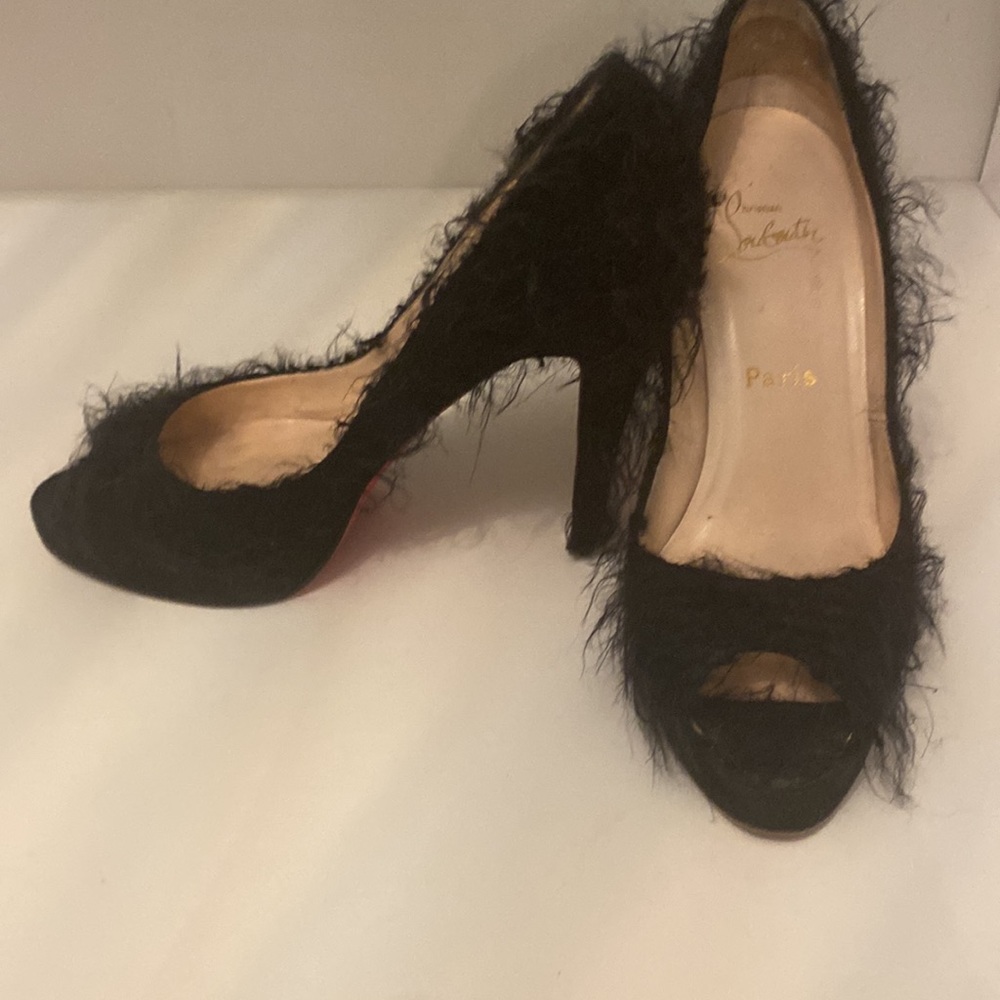 Christian Louboutin Black Fuzzy Open Toe Pumps - image 2